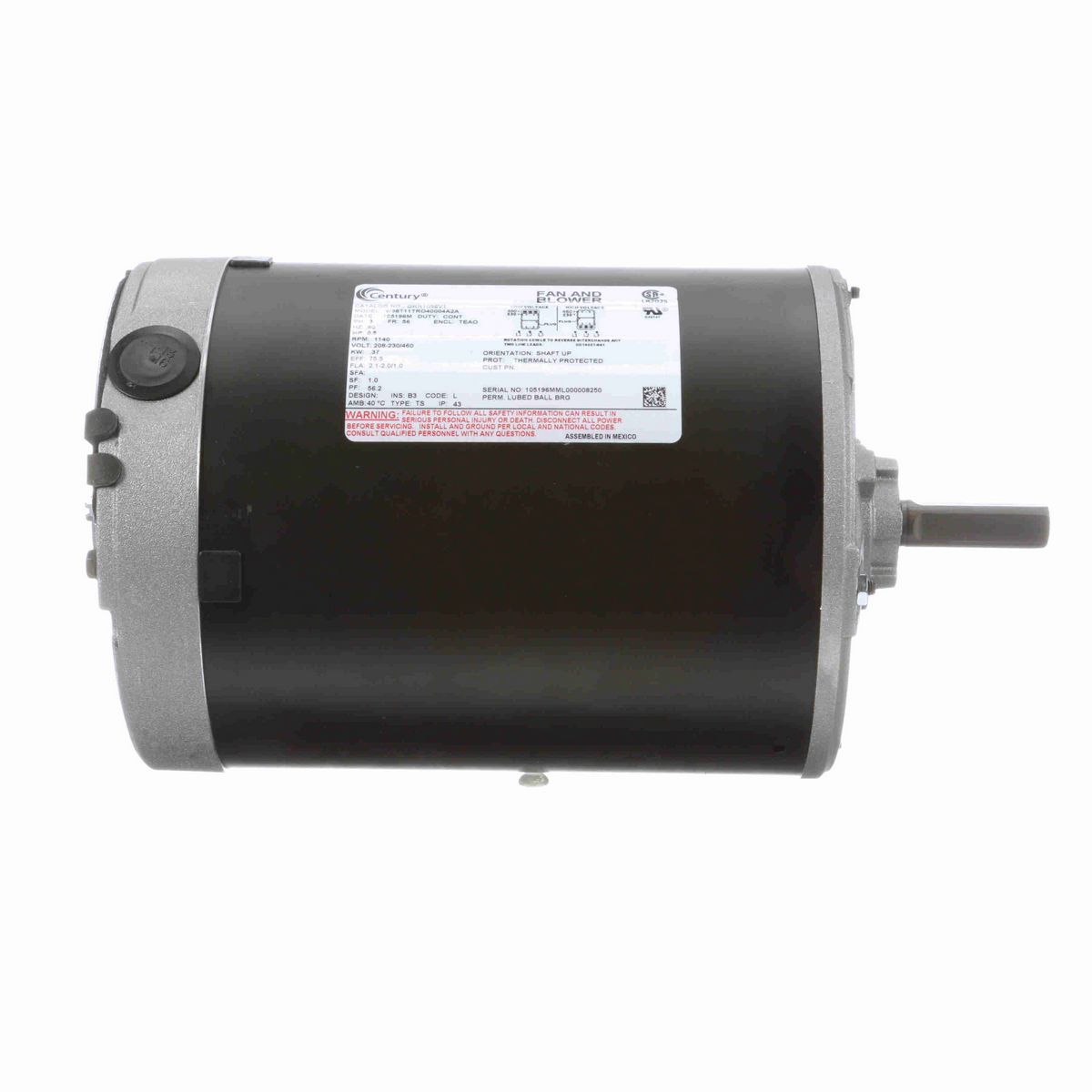 Century Condenser Fan Motor, 0.50 HP, 3 Ph, 60 Hz, 230/460 V, 1200 RPM, 56 Frame, TEAO - OKR1096V1