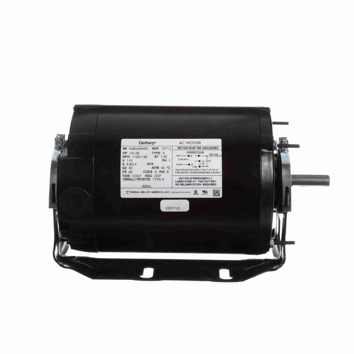 Century Fan and Blower Motor, 1/3-.09 HP, 1 Ph, 60 Hz, 115 V, 1800 RPM, 48 Frame, ODP - 925AL