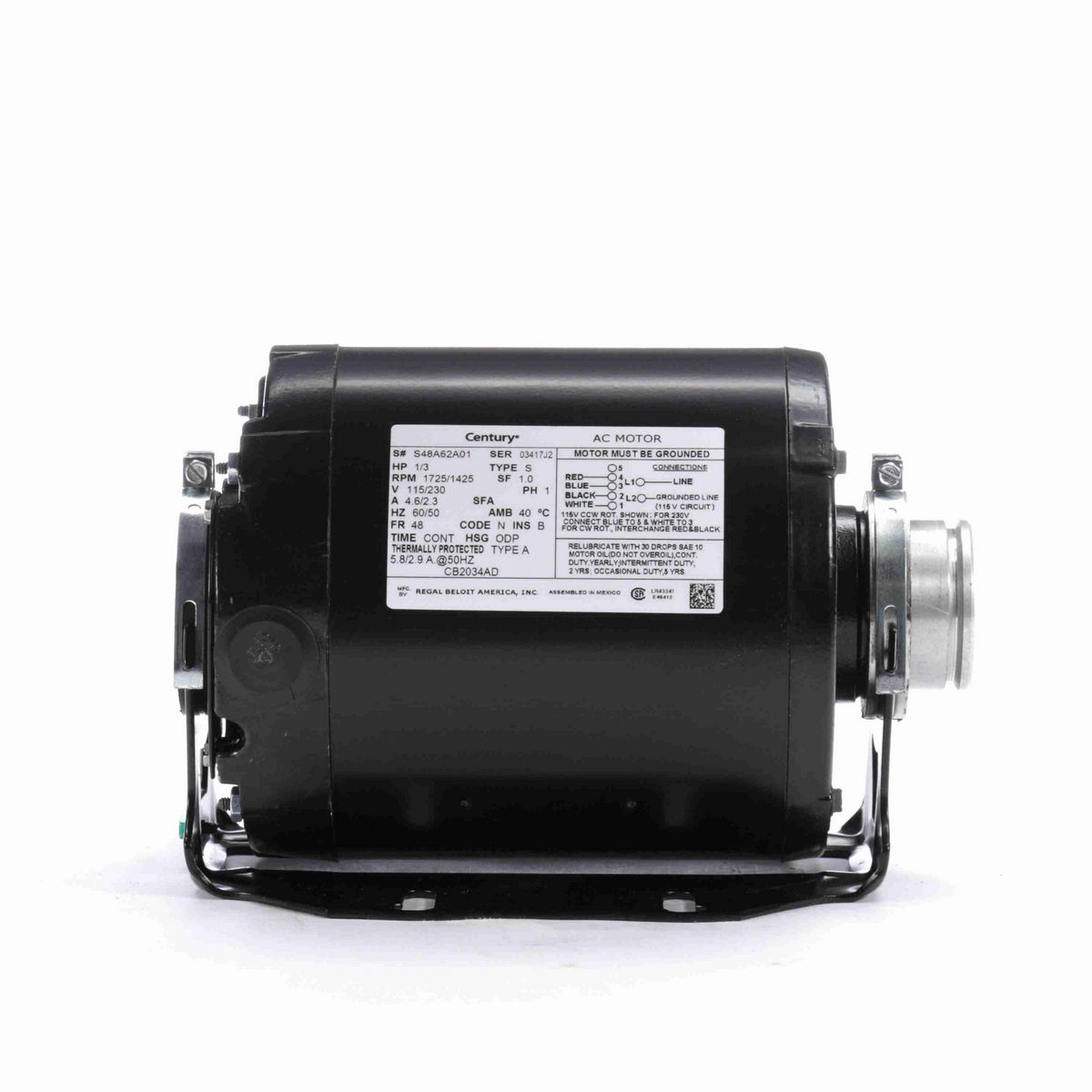Century Carbonator Pump Motor, 1/3 HP, 1 Ph, 60/50 Hz, 115/230 V, 1800 RPM, 48 Frame, ODP - CB2034AD