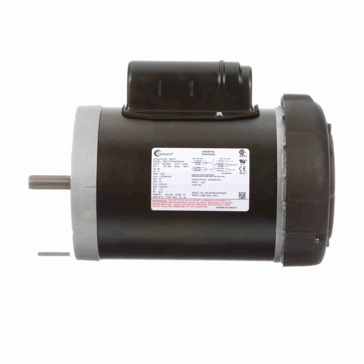 Century General Purpose Motor, .5 HP, 1 Ph, 60 Hz, 115/208-230 V, 1800 RPM, 56C Frame, TEFC - C907V1