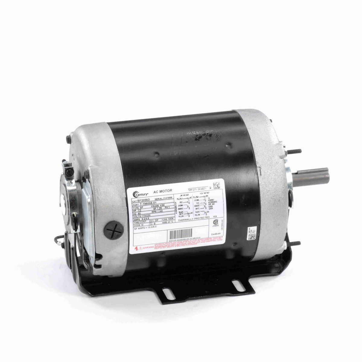 Century Fan and Blower Motor, 1/2 HP, 1 Ph, 60 Hz, 115/230 V, 1200 RPM, K56 Frame, DP - BF2056D