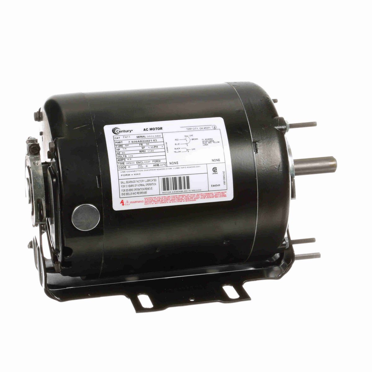 Century General Purpose Motor, 1/4 HP, 1 Ph, 60 Hz, 115 V, 1200 RPM, 56 Frame, ODP - F411