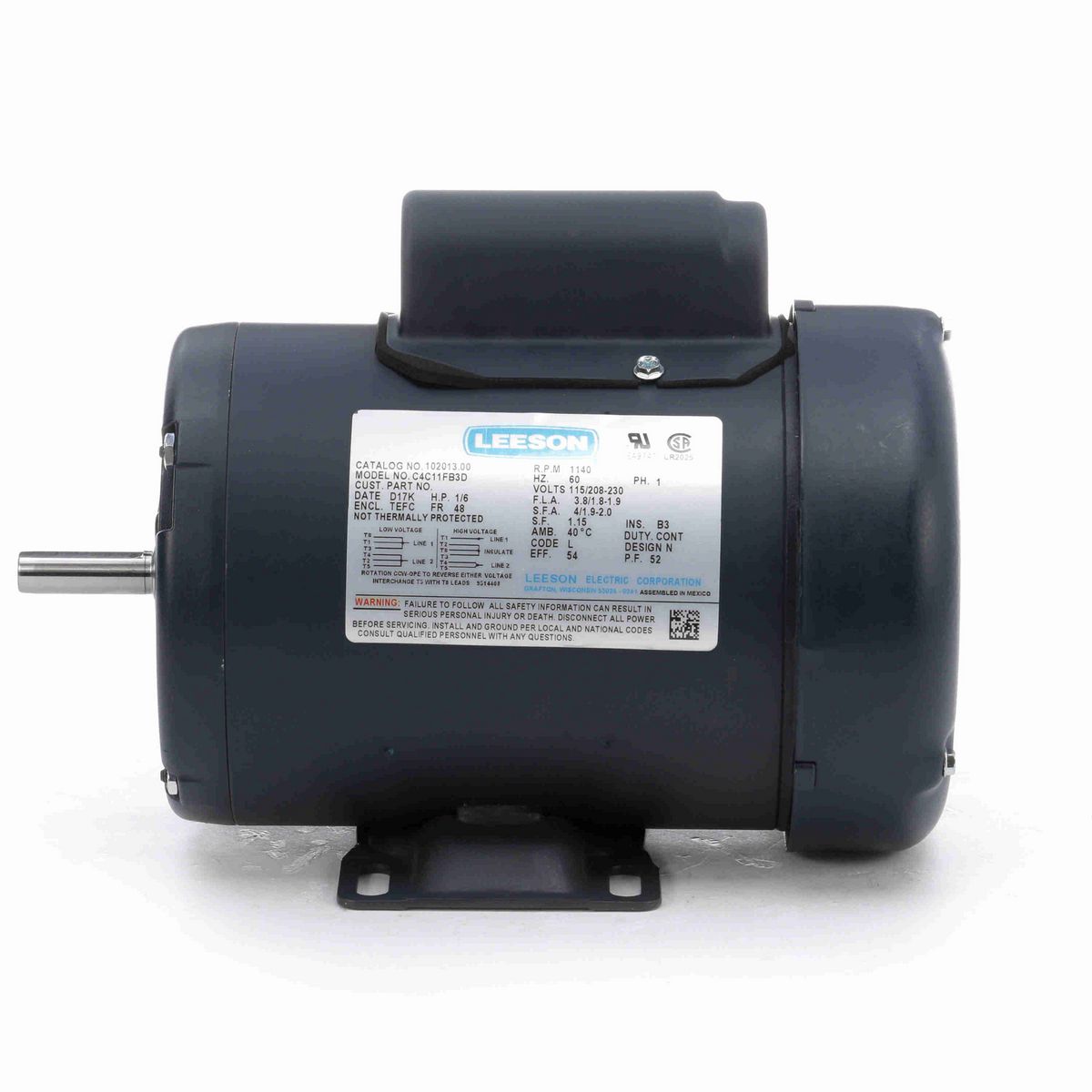 LEESON General Purpose Motor, 0.17 HP, 1 Ph, 60 Hz, 115/208-230 V, 1200 RPM, 48 Frame, TEFC - 102013.00