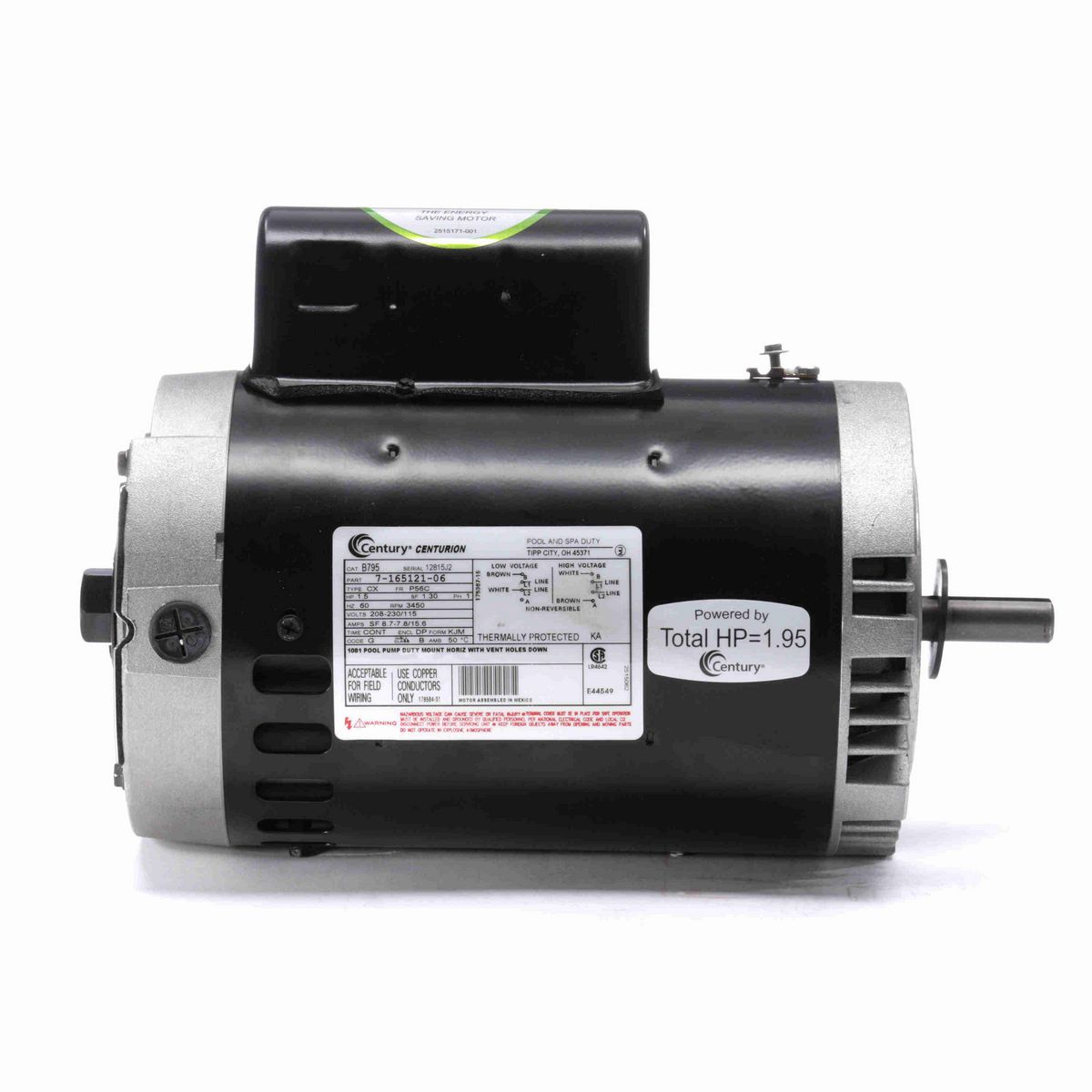 Century Pool Pump Motor, 1.5 HP, 1 Ph, 60 Hz, 208-230/115 V, 3600 RPM, P56C Frame, DP - B795