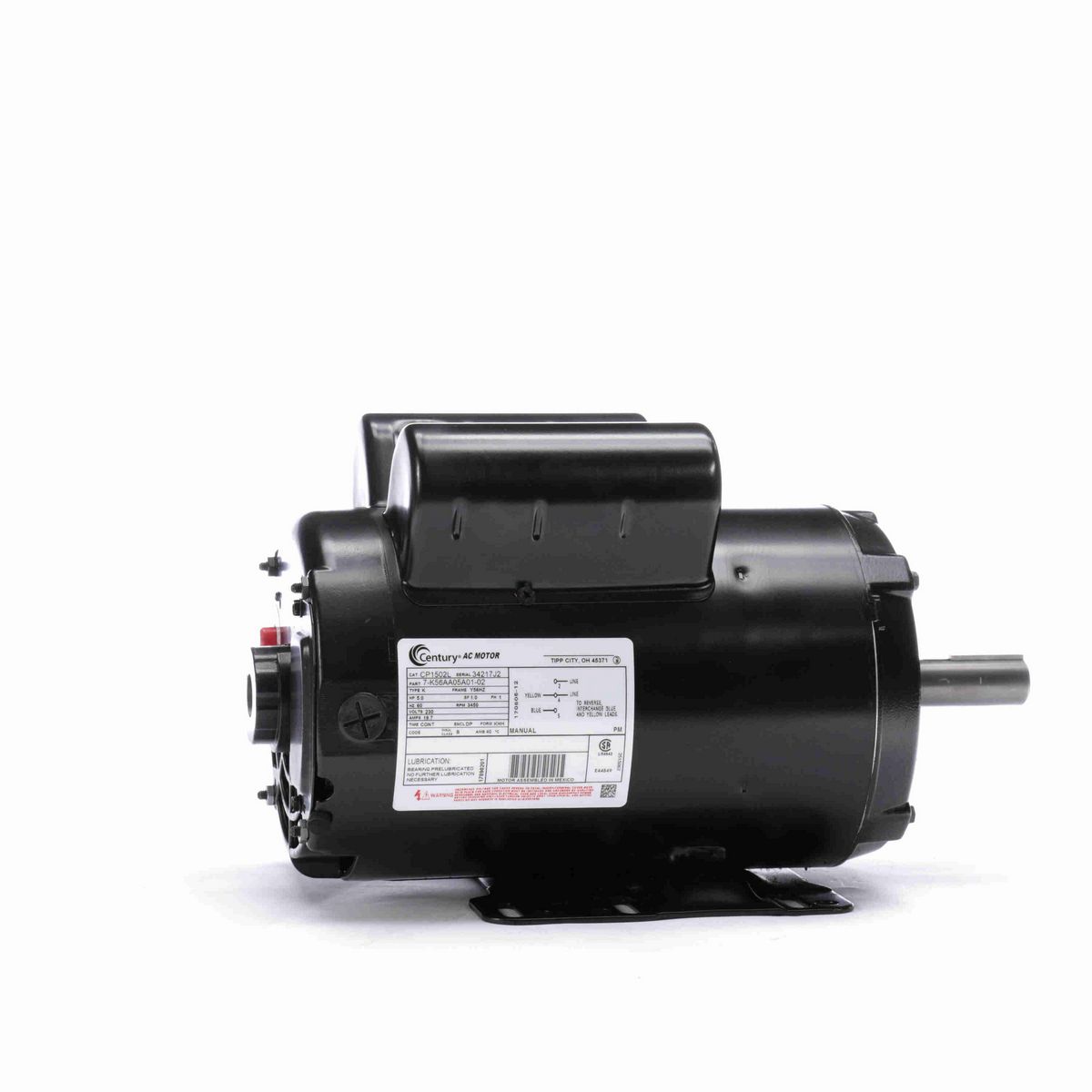 Century Air Compressor Motor, 5.0 HP, 1 Ph, 60 Hz, 230 V, 3600 RPM, Y56HZ Frame, DP - CP1502L