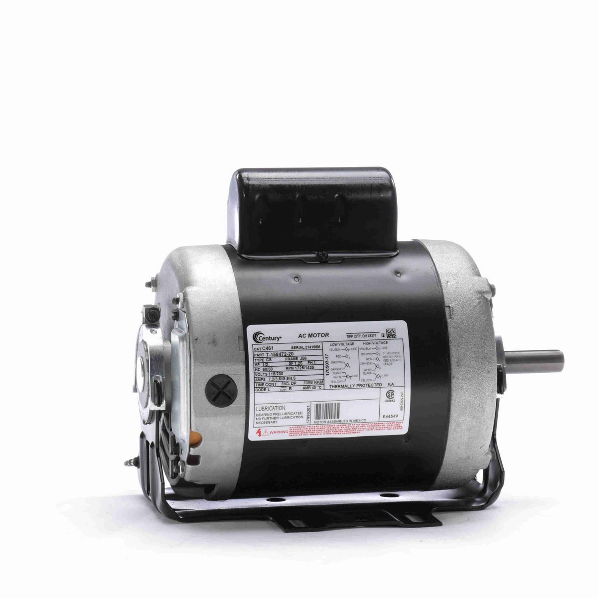Century Fan and Blower Motor, 1/2 HP, 1 Ph, 60 Hz, 115/230 V, 1800 RPM, J56 Frame, DP - C461
