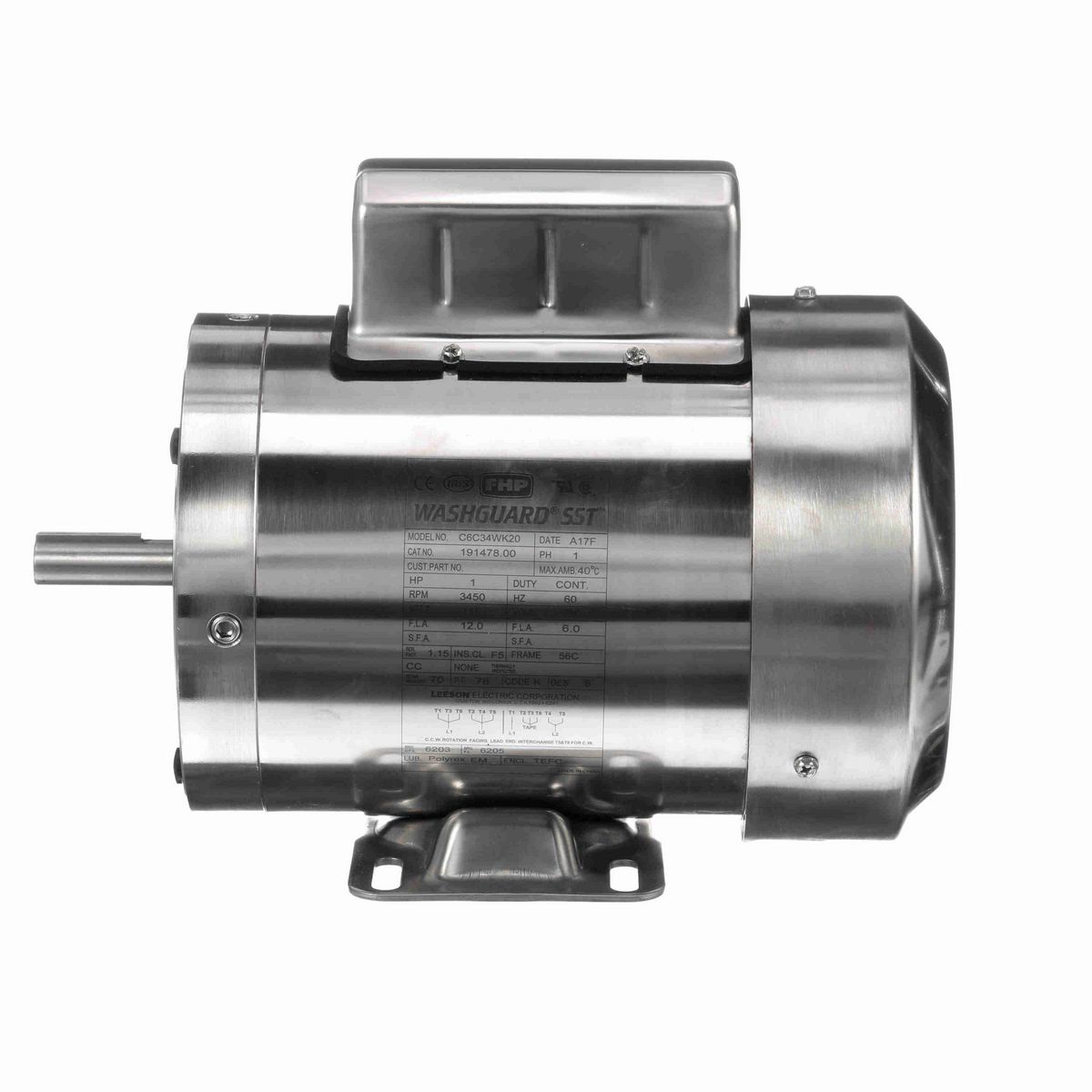 LEESON SST Duck™ General Purpose Motor, 1 HP, 1 Ph, 60 Hz, 115/230 V, 3600 RPM, 56C Frame, TEFC - 191478.00