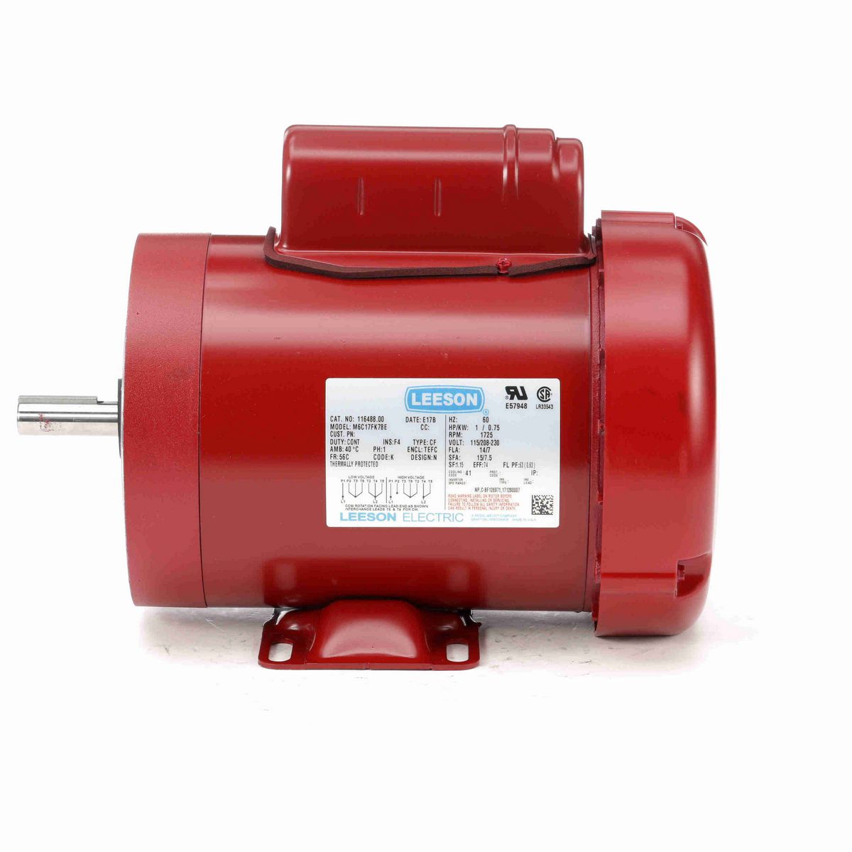 LEESON Agricultural Motor, 1 HP, 1 Ph, 60 Hz, 115/230 V, 1800 RPM, 56C Frame, TEFC - 116488.00
