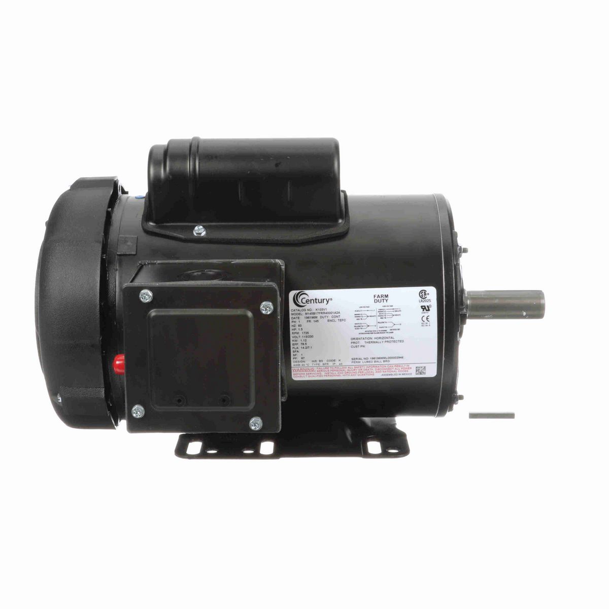Century General Purpose Farm Duty Motor, 1.5 HP, 1 Ph, 60 Hz, 115/230 V, 1800 RPM, 145 Frame, TEFC - K103V1