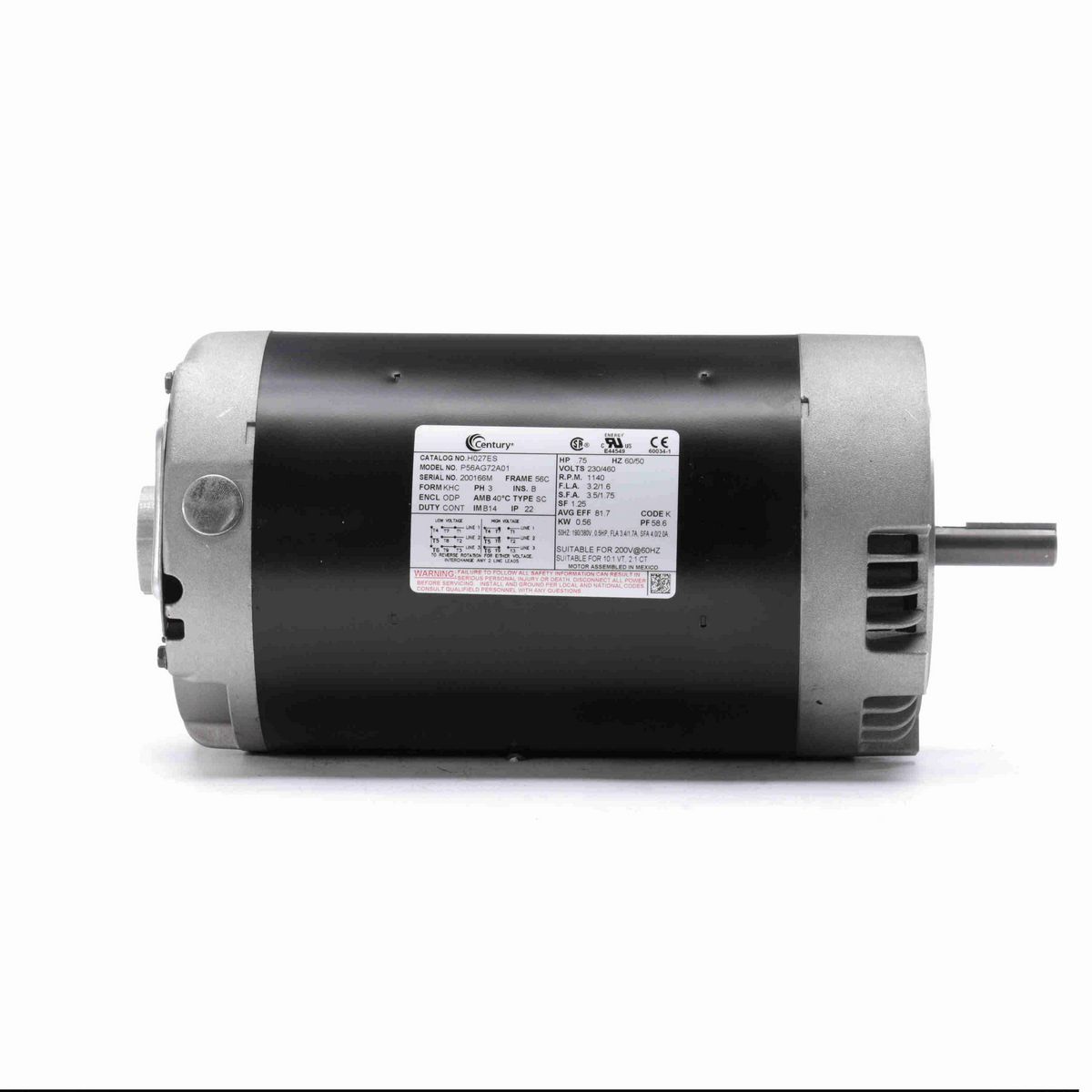 Century General Purpose Motor, .75 HP, 3 Ph, 60 Hz, 230/460 V, 1200 RPM, 56C Frame, ODP - H027ES