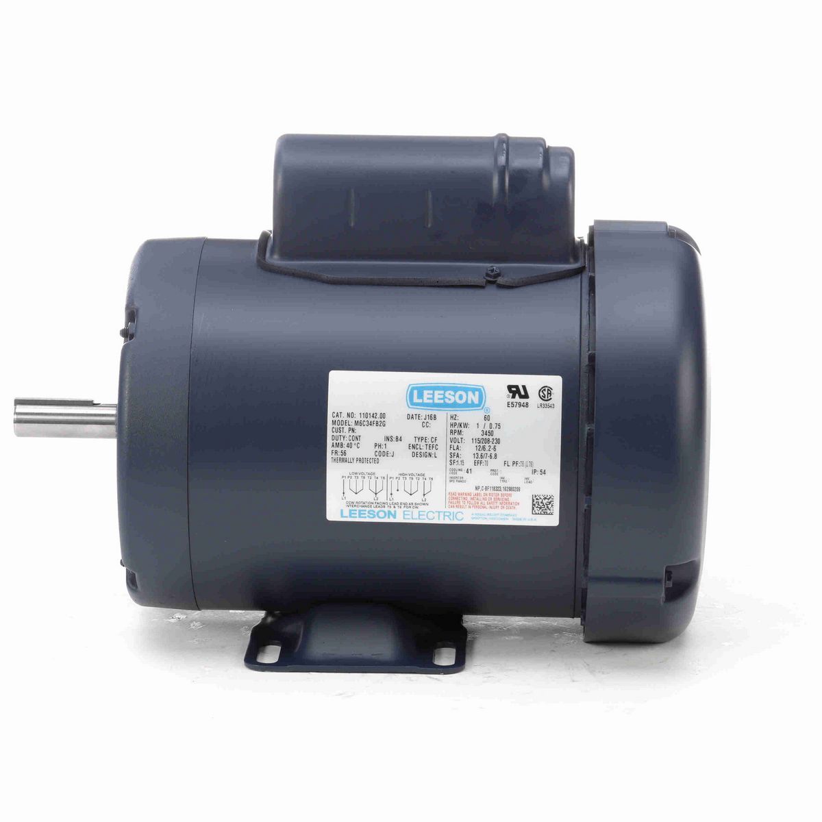 LEESON General Purpose Motor, 1 HP, 1 Ph, 60 Hz, 115/230 V, 3600 RPM, 56 Frame, TEFC - 110142.00
