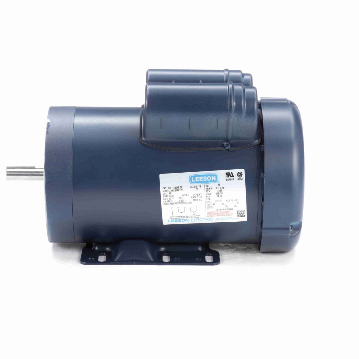 LEESON General Purpose Motor, 3 HP, 1 Ph, 60 Hz, 230 V, 3600 RPM, 56HC Frame, TEFC - 115048.00