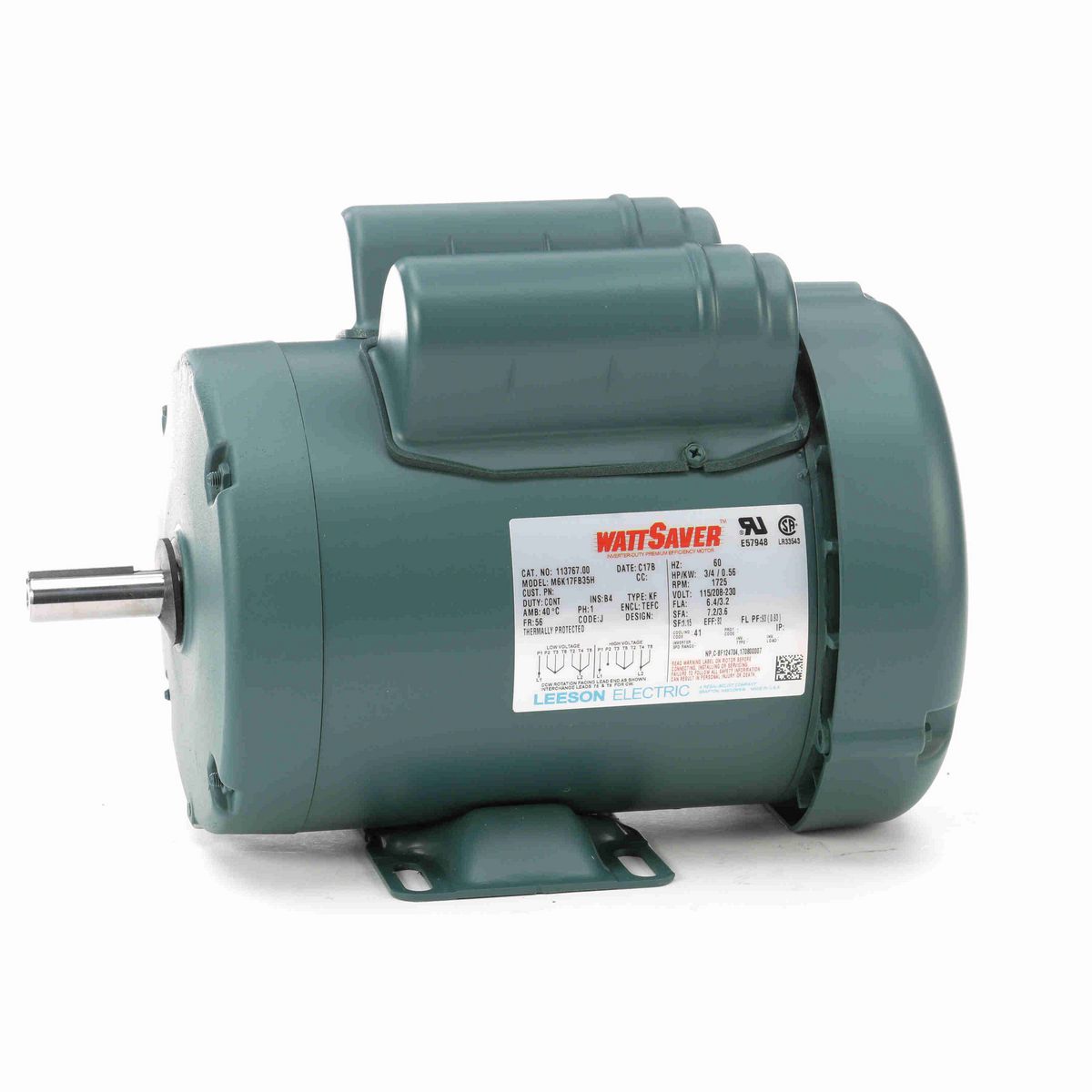 LEESON WATTSAVER® General Purpose Motor, 0.75 HP, 1 Ph, 60 Hz, 115/230 V, 1800 RPM, 56 Frame, TEFC - 113767.00