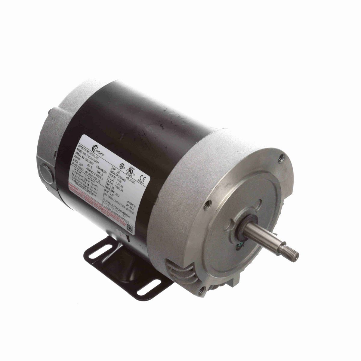 Century General Purpose Motor, .50 HP, 3 Ph, 60 Hz, 230/460 V, 1800 RPM, 56C Frame, ODP - H044LES