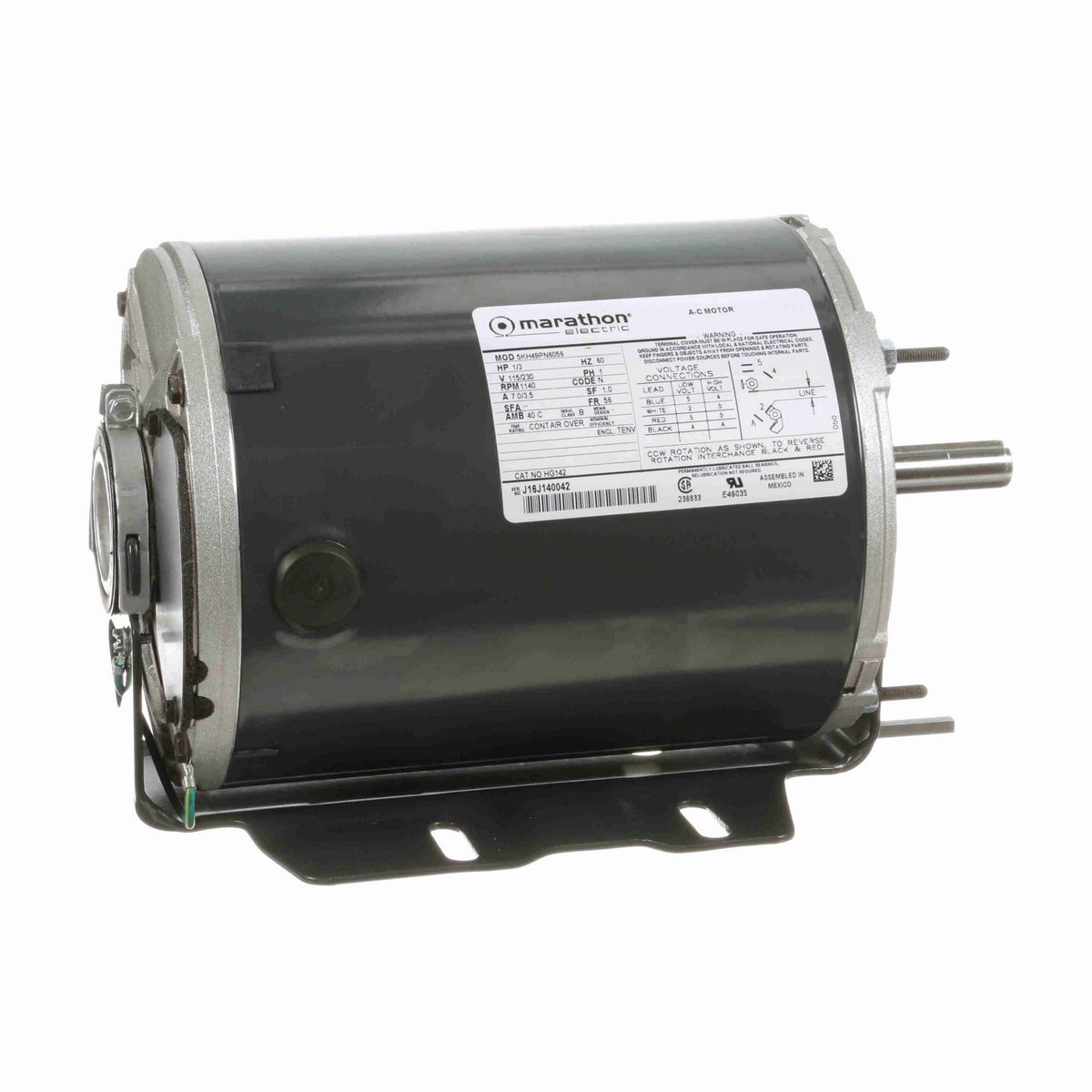 LEESON General Purpose Farm Duty Motor, 0.33 HP, 1 Ph, 60 Hz, 115/230 V, 1200 RPM, 56 Frame, TENV - HG142