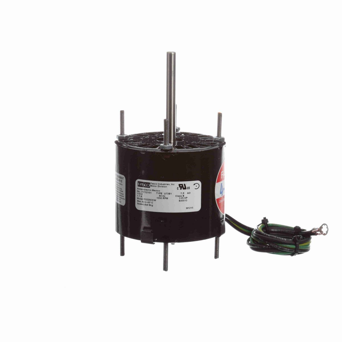 FASCO Ventilation Motor, 1/25 HP, 1 Ph, 60 Hz, 115 V, 1550 RPM, 1 Speed, 3.3" Diameter, OAO - D3325CCW