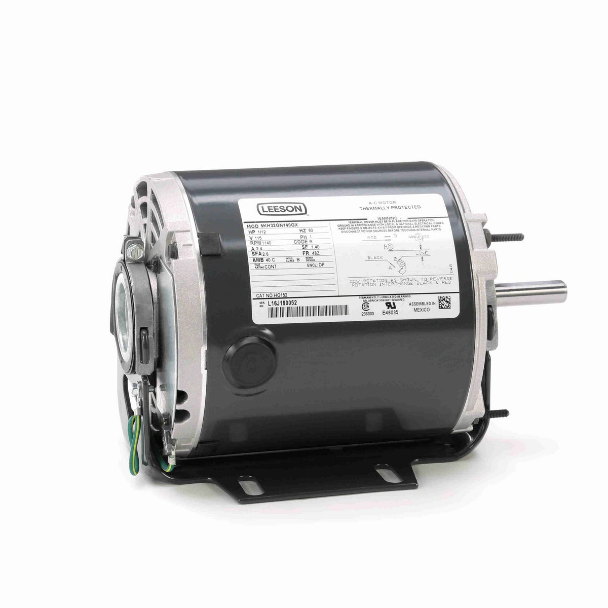 LEESON Fan and Blower Motor, 0.08 HP, 1 Ph, 60 Hz, 115 V, 1200 RPM, 48Z Frame, DP - HG152