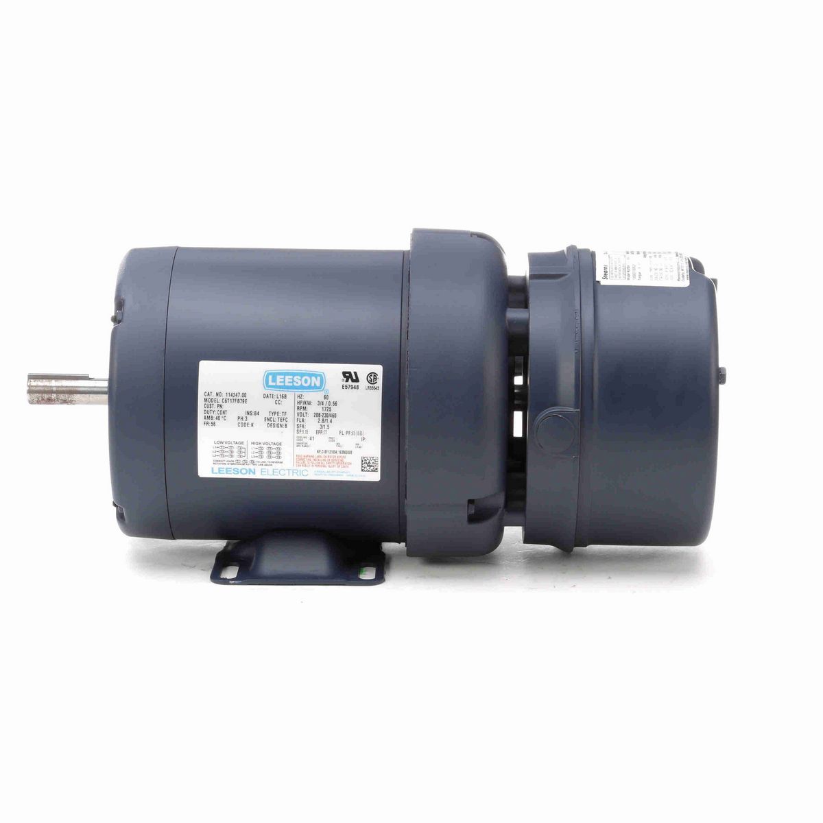 LEESON Brake Motor, 0.75 HP, 3 Ph, 60 Hz, 230/460 V, 1800 RPM, 56 Frame, TEFC - 114147.00