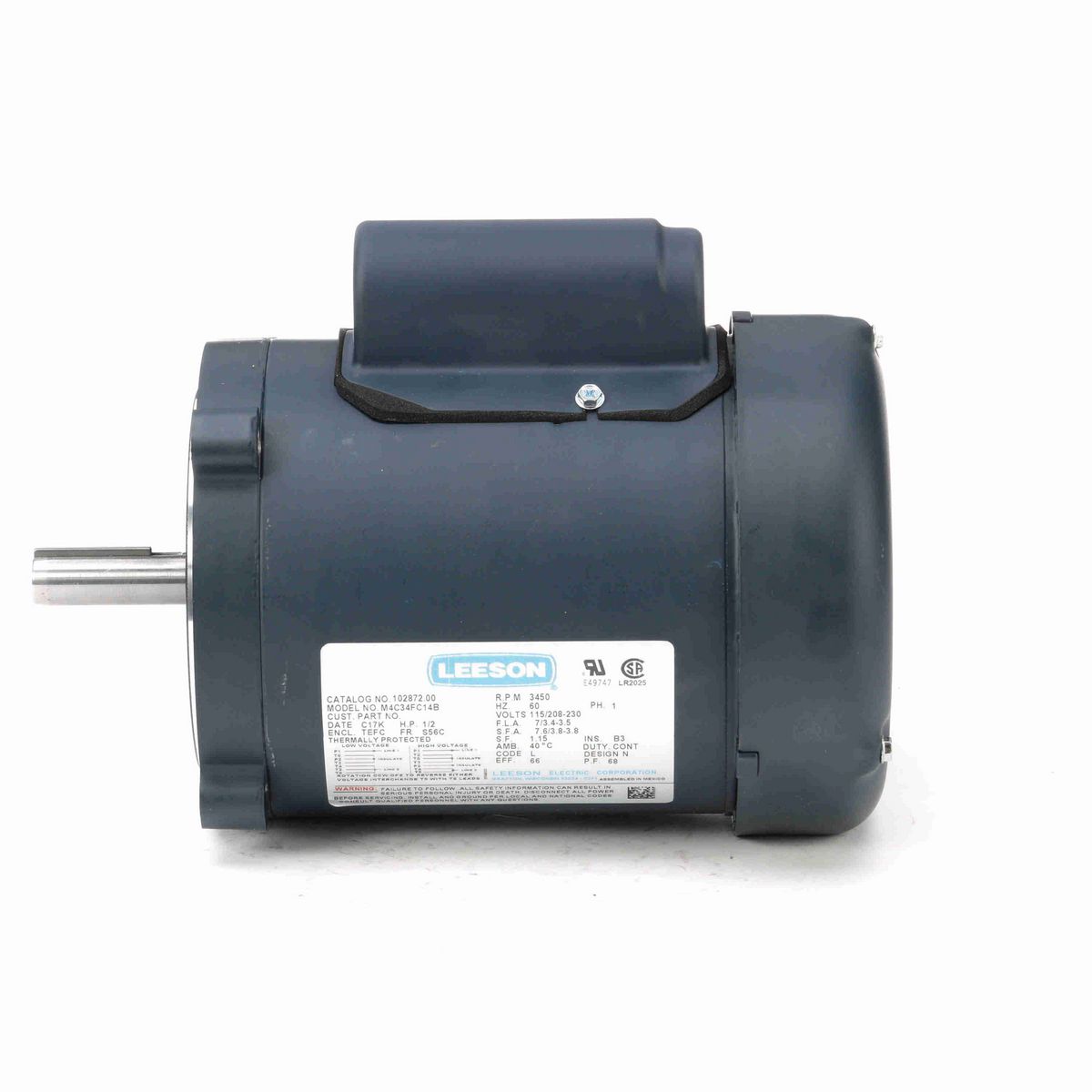 LEESON General Purpose Motor, 0.50 HP, 1 Ph, 60 Hz, 115/230 V, 3600 RPM, S56C Frame, TEFC - 102872.00