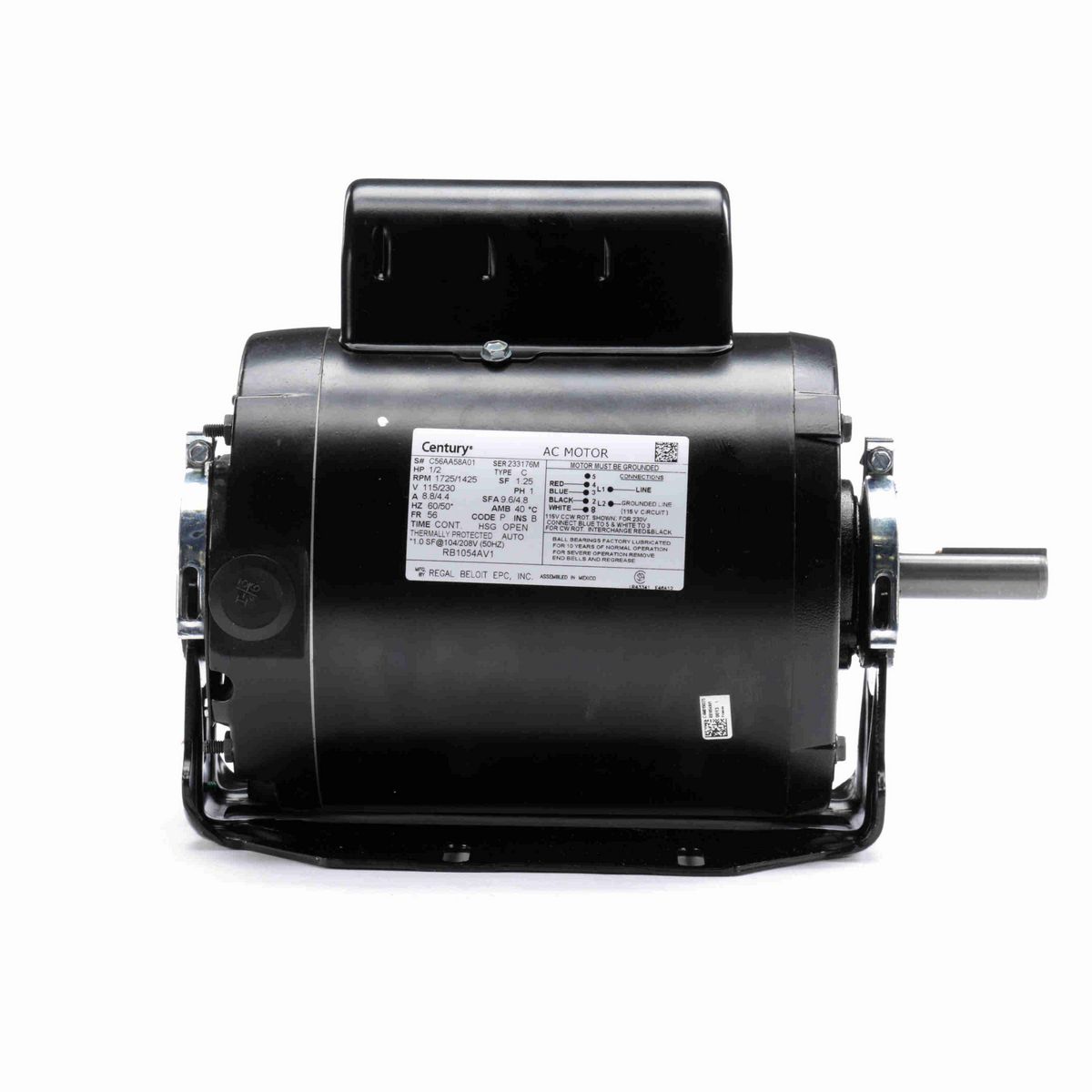 Century Fan and Blower Motor, 1/2 HP, 1 Ph, 60/50* Hz, 115/230 V, 1800 RPM, 56 Frame, OPEN - RB1054AV1
