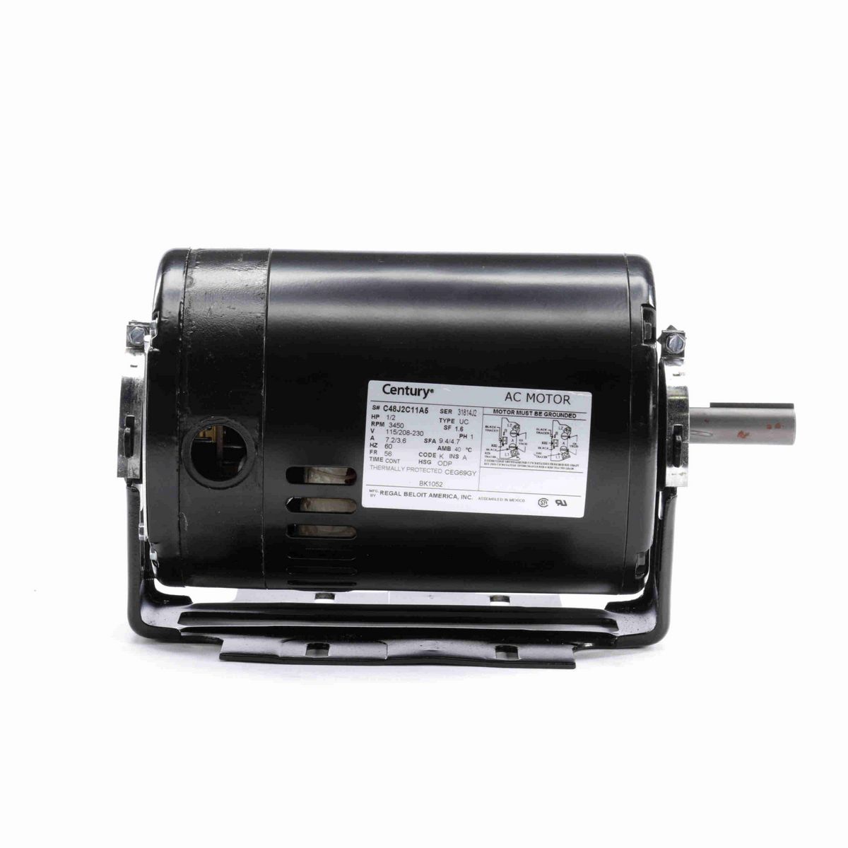 Century Fan and Blower Motor, 1/2 HP, 1 Ph, 60 Hz, 115/208-230 V, 3600 RPM, 56 Frame, ODP - BK1052