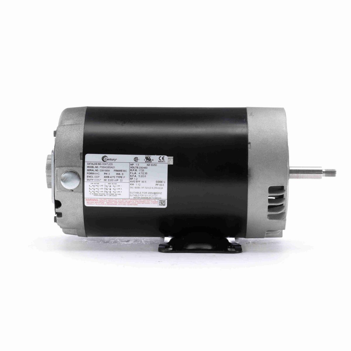 Century General Purpose Motor, 1.5 HP, 3 Ph, 60 Hz, 230/460 V, 1800 RPM, 56C Frame, ODP - H047LES