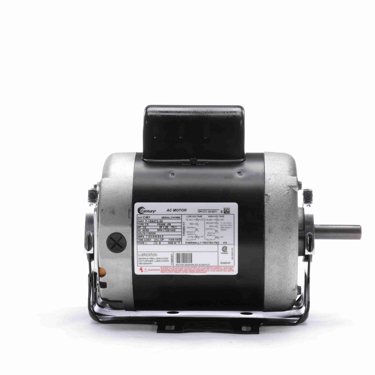 Century Fan and Blower Motor, 1/2 HP, 1 Ph, 60 Hz, 115/230 V, 1800 RPM, J56 Frame, DP - C461