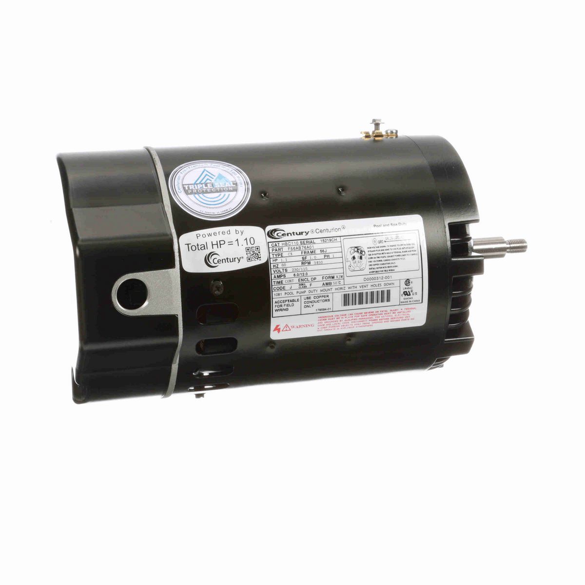 Century Pool Pump Motor, 1.1 HP, 1 Ph, 60 Hz, 230/115 V, 3600 RPM, S56J Frame, DP - HBC110