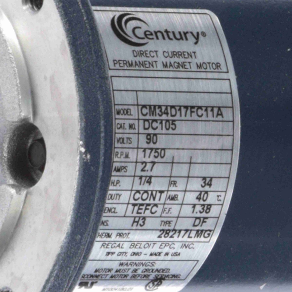 Century SCR Motor, 1/4 HP, 90 V, 1750 RPM, 34 Frame, TEFC - DC105