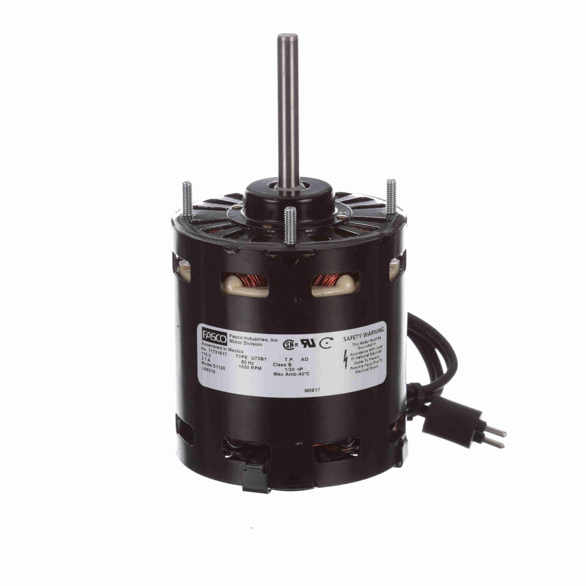 FASCO OEM Replacement Motor, 1/20 HP, 1 Ph, 60 Hz, 115 V, 1500 RPM, 1 Speed, 3.3" Diameter, OAO - D1120