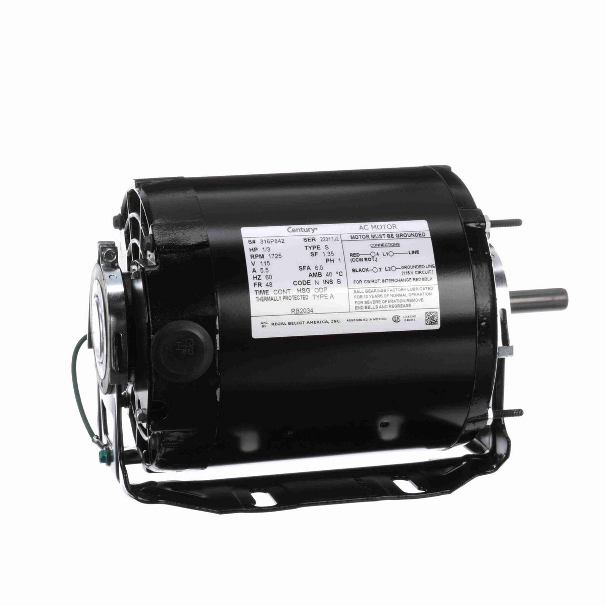 Century Fan and Blower Motor, 1/3 HP, 1 Ph, 60 Hz, 115 V, 1800 RPM, 48 Frame, ODP - RB2034