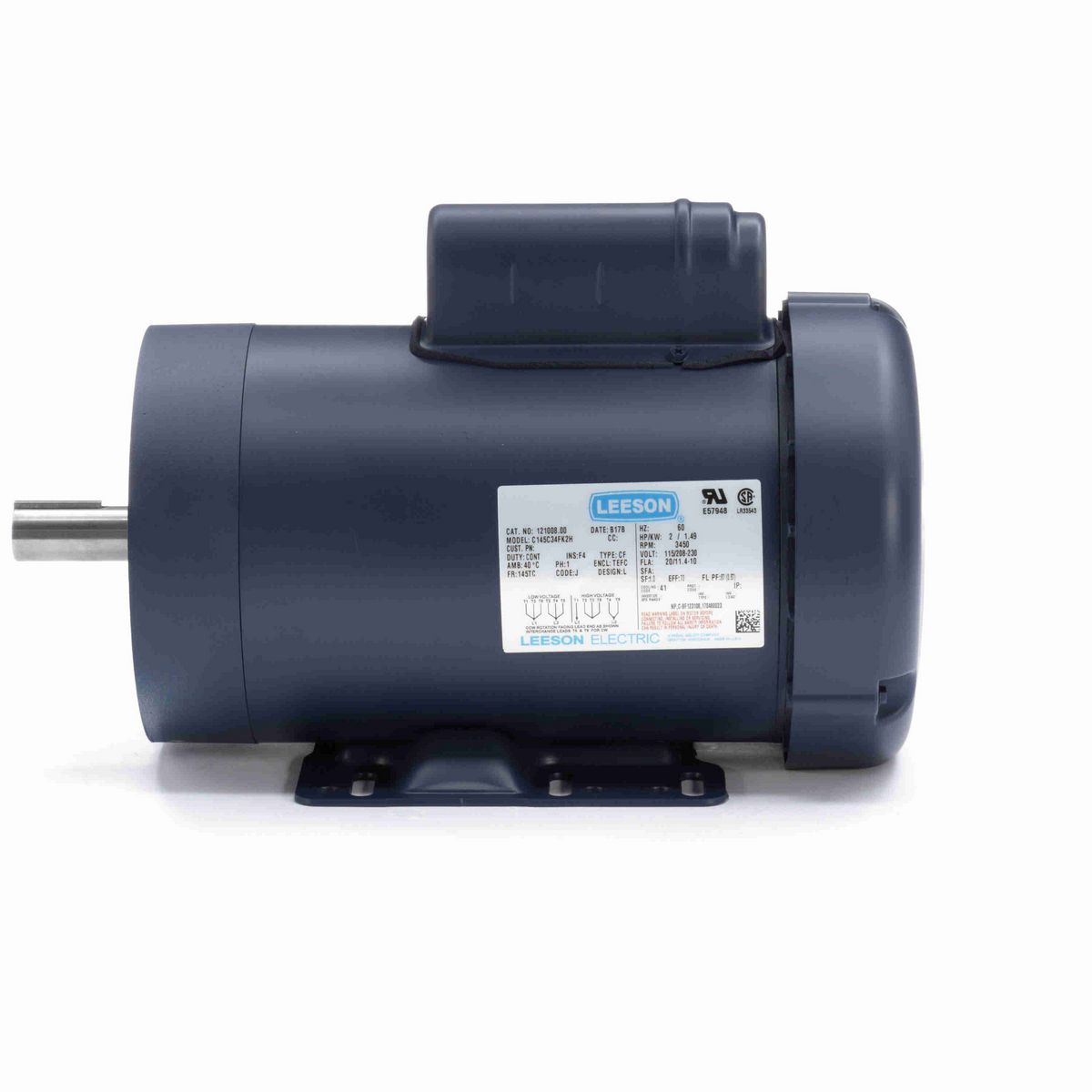 LEESON General Purpose Motor, 2 HP, 1 Ph, 60 Hz, 115/230 V, 3600 RPM, 145TC Frame, TEFC - 121008.00