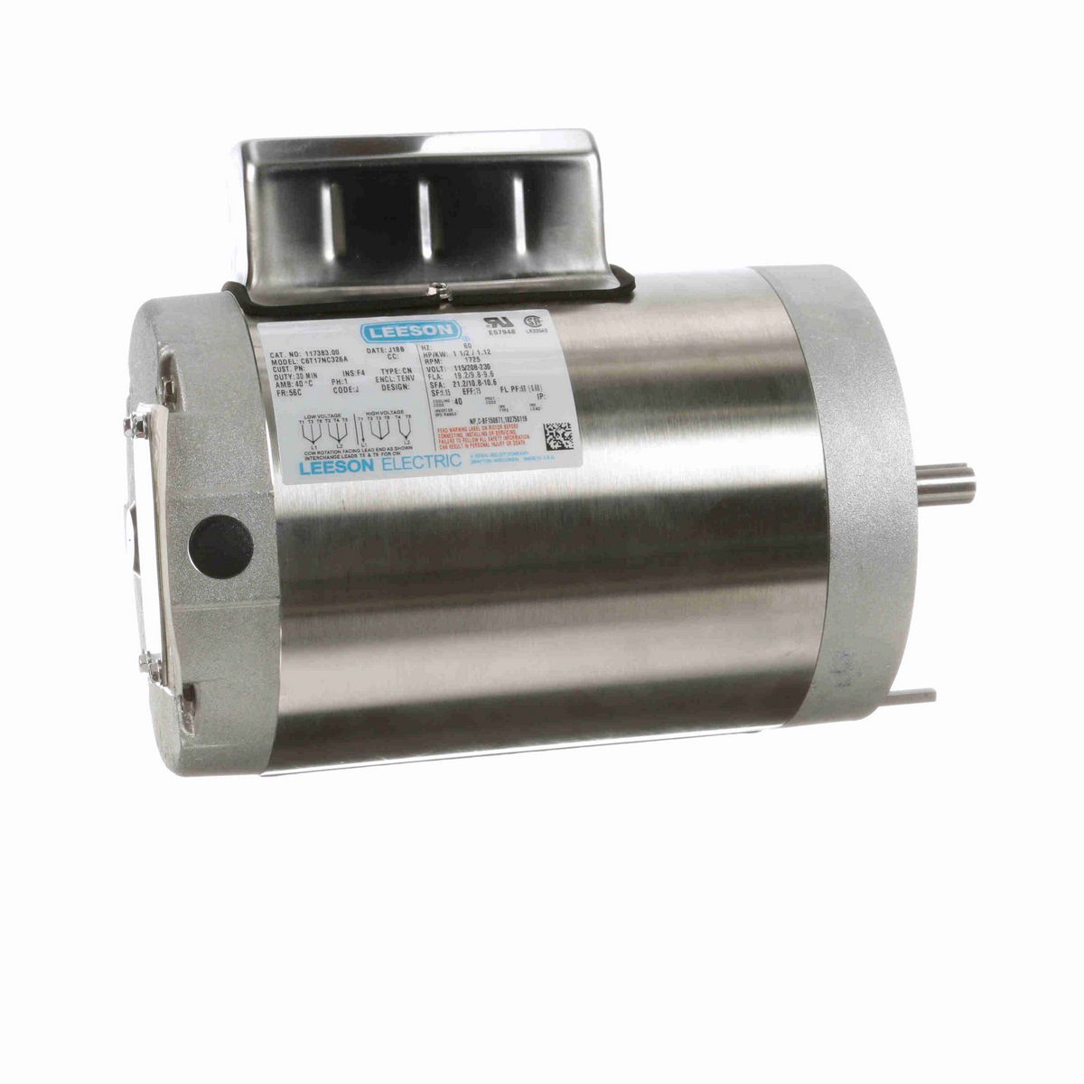 LEESON General Purpose Motor, 1.50 HP, 1 Ph, 60 Hz, 115/208-230 V, 1800 RPM, 56C Frame, TENV - 117383.00