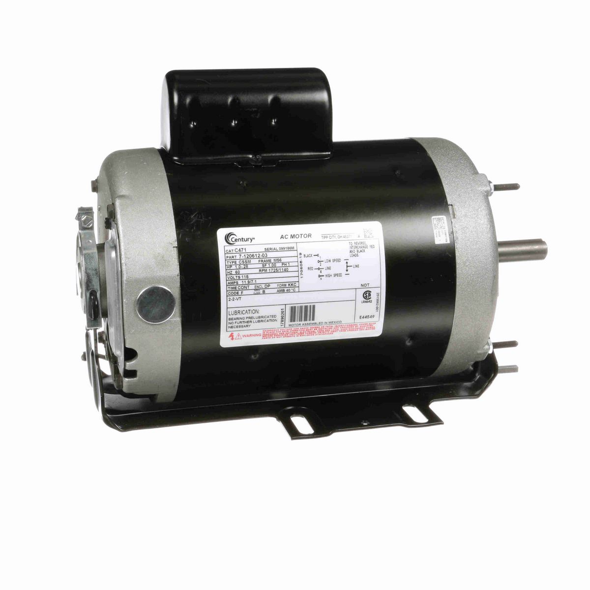 Century Fan and Blower Motor, 1.0-.28 HP, 1 Ph, 60 Hz, 115 V, 1800 RPM, M56 Frame, DP - C471