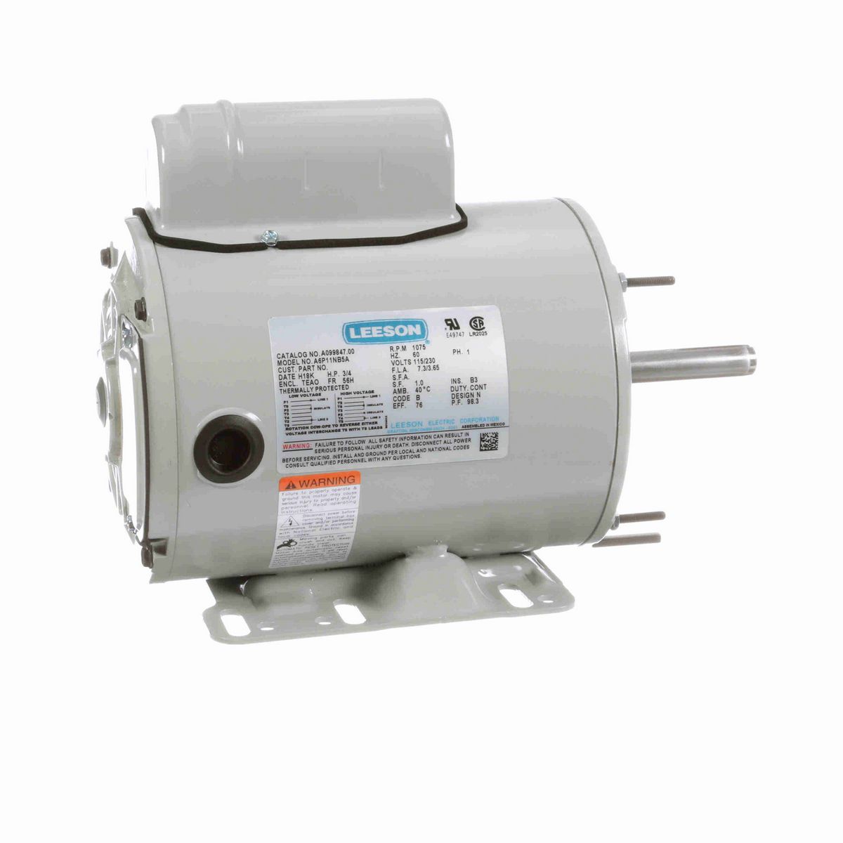 LEESON Agricultural Motor, 0.75 HP, 1 Ph, 60 Hz, 115/230 V, 1200 RPM, 56H Frame, TEAO - A099847.00