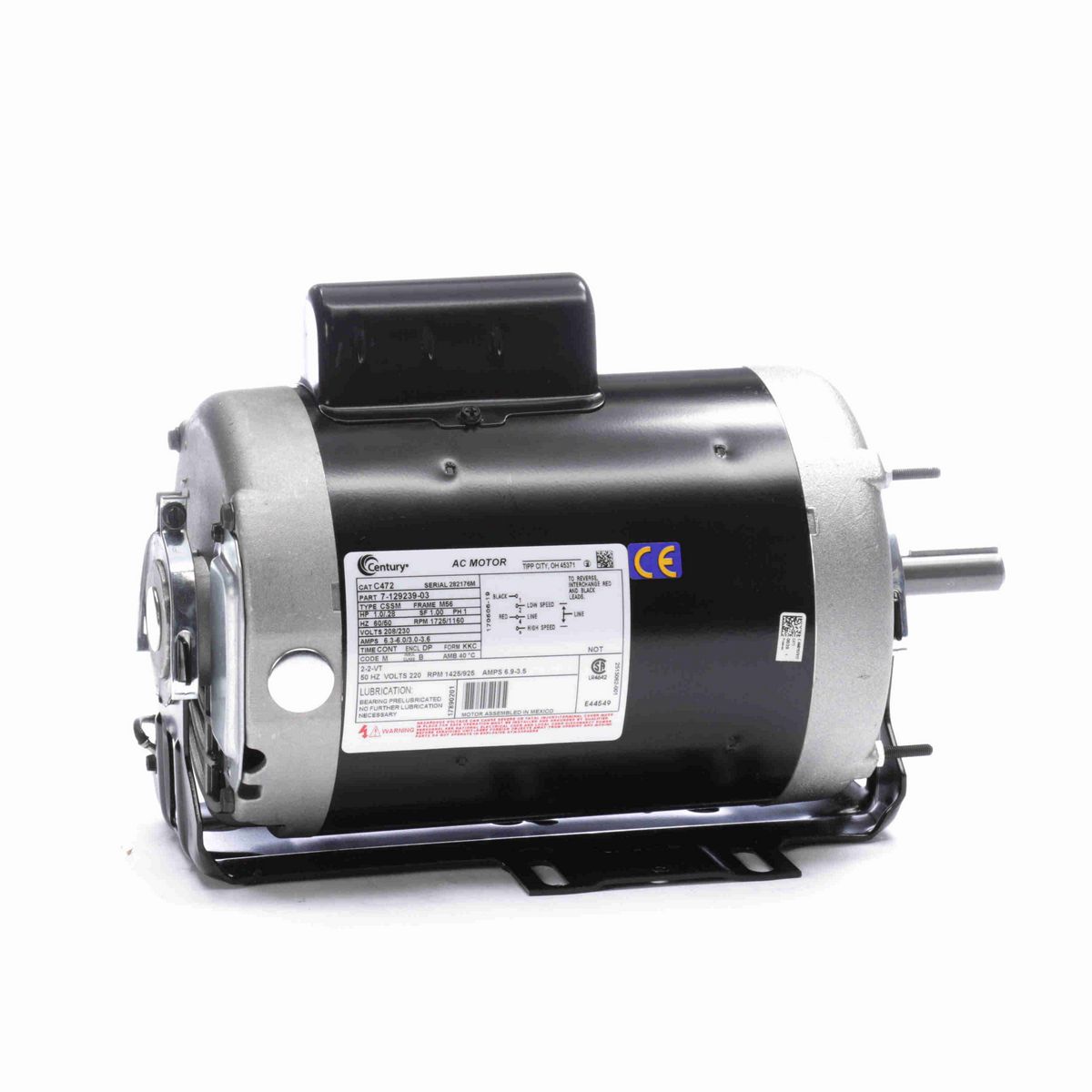 Century Fan and Blower Motor, 1.0/.28 HP, 1 Ph, 60 Hz, 208/230 V, 1800 RPM, M56 Frame, DP - C472