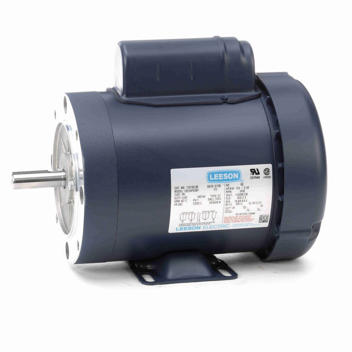 LEESON General Purpose Motor, 0.75 HP, 1 Ph, 60 Hz, 115/230 V, 3600 RPM, 56C Frame, TEFC - 112135.00