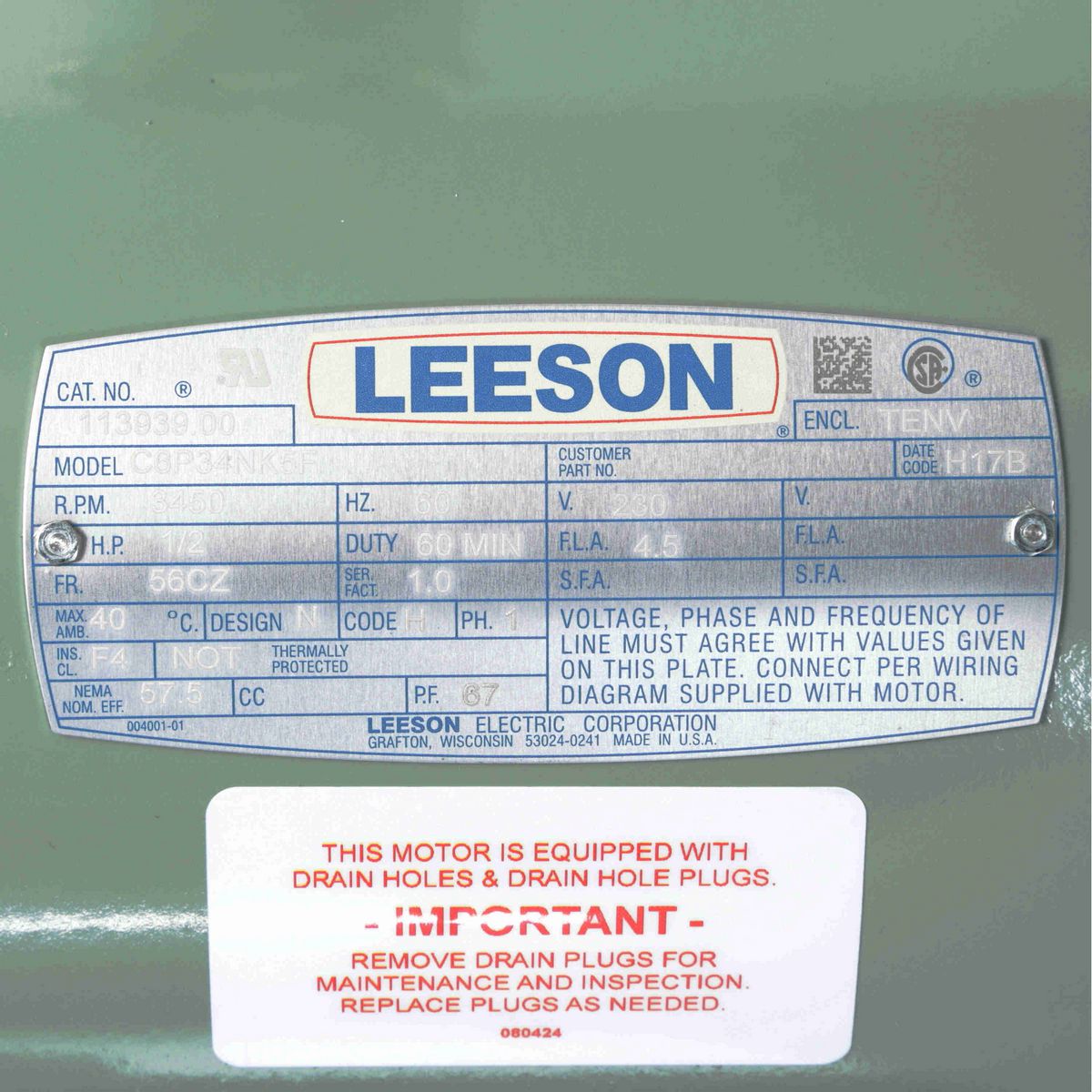 LEESON General Purpose Farm Duty Motor, 0.50 HP, 1 Ph, 60 Hz, 230 V, 3600 RPM, 56CZ Frame, TENV - 113939.00