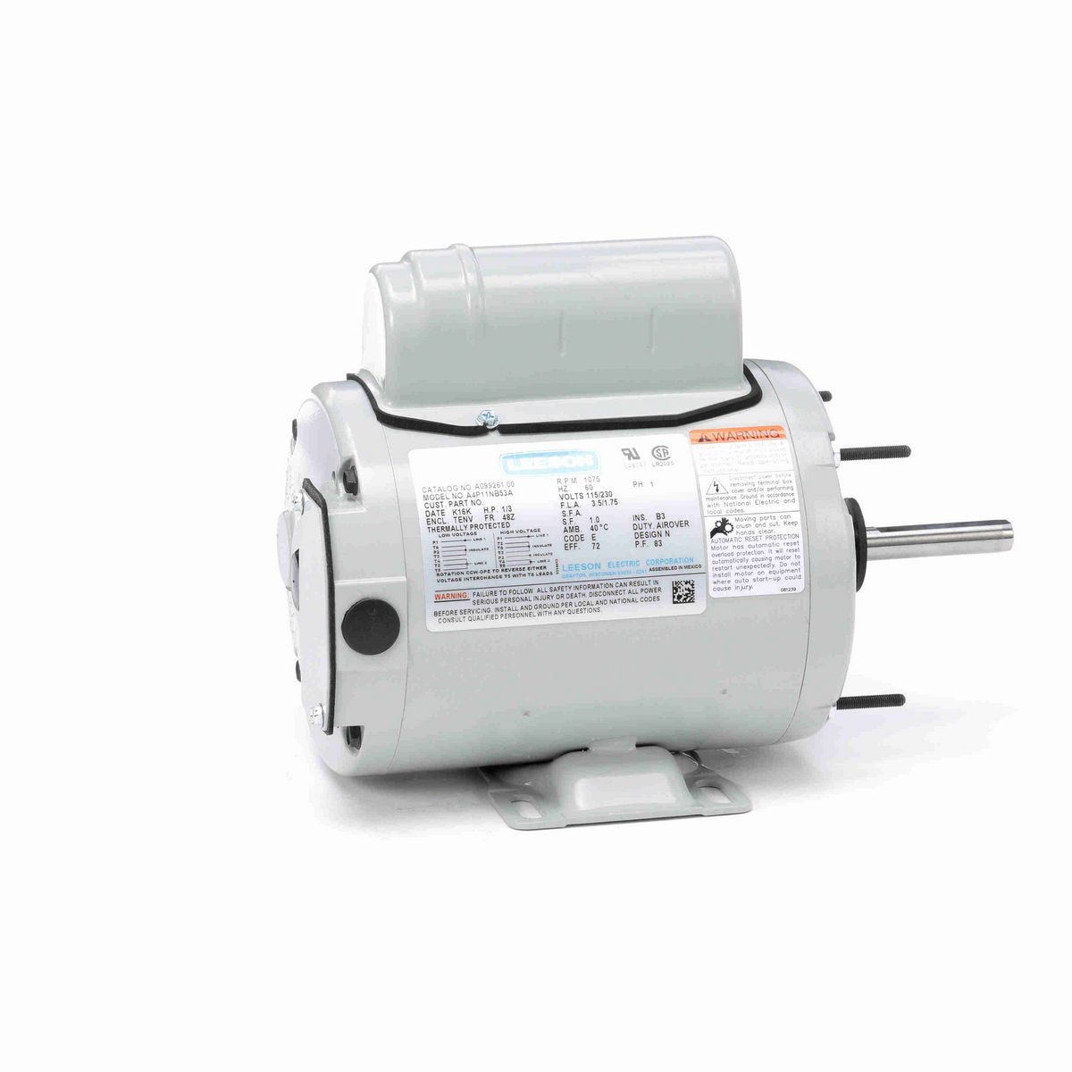 LEESON Agricultural Motor, 0.33 HP, 1 Ph, 60 Hz, 115/230 V, 1200 RPM, 48Z Frame, TEAO - A099261.00
