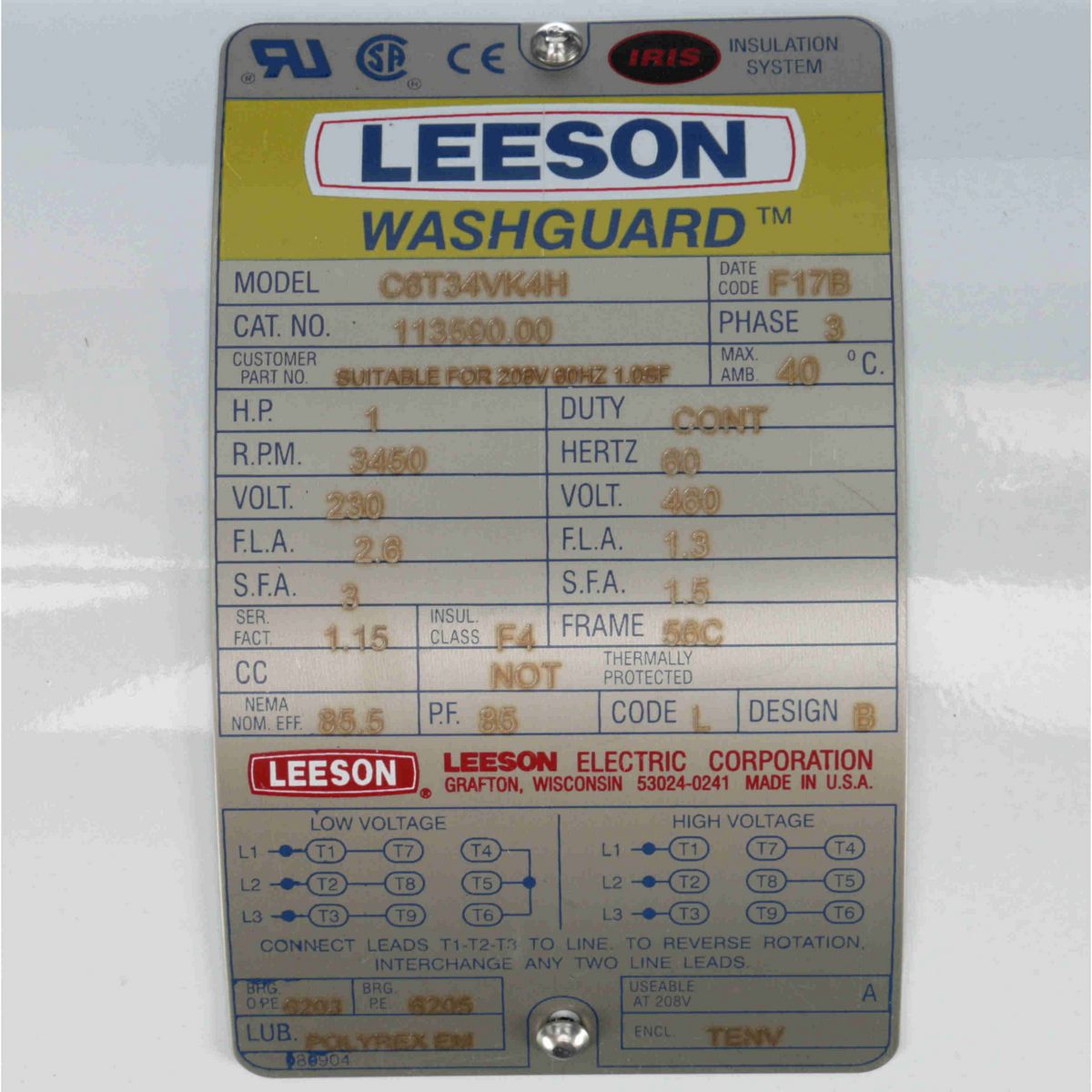 LEESON White Duck™ General Purpose Motor, 1 HP, 3 Ph, 60 Hz, 230/460 V, 3600 RPM, 56C Frame, TENV - 113590.00