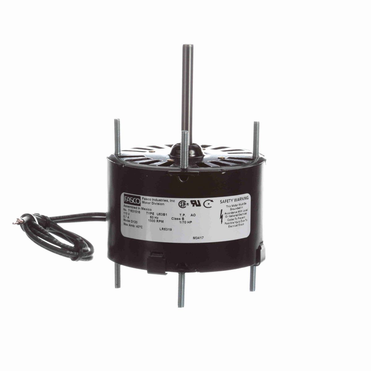 FASCO Fan and Blower Motor, 1/70 HP, 1 Ph, 60 Hz, 115 V, 1500 RPM, 1 Speed, 3.3" Diameter, OAO - D120