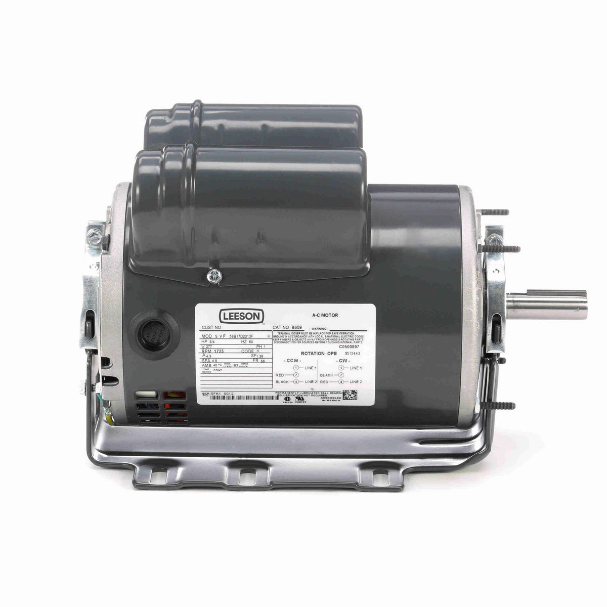 LEESON Fan and Blower Motor, 0.75 HP, 1 Ph, 60 Hz, 277 V, 1800 RPM, 56 Frame, DP - B609