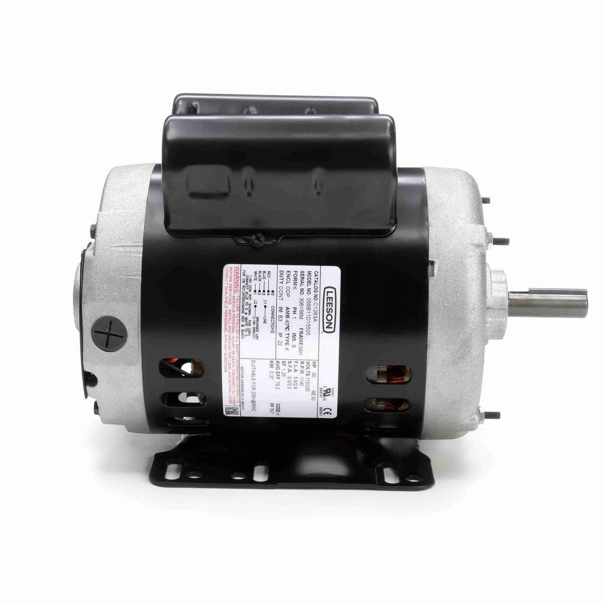 LEESON General Purpose Motor, 0.50 HP, 1 Ph, 60 Hz, 115/230 V, 1200 RPM, 56 Frame, DP - C1263A
