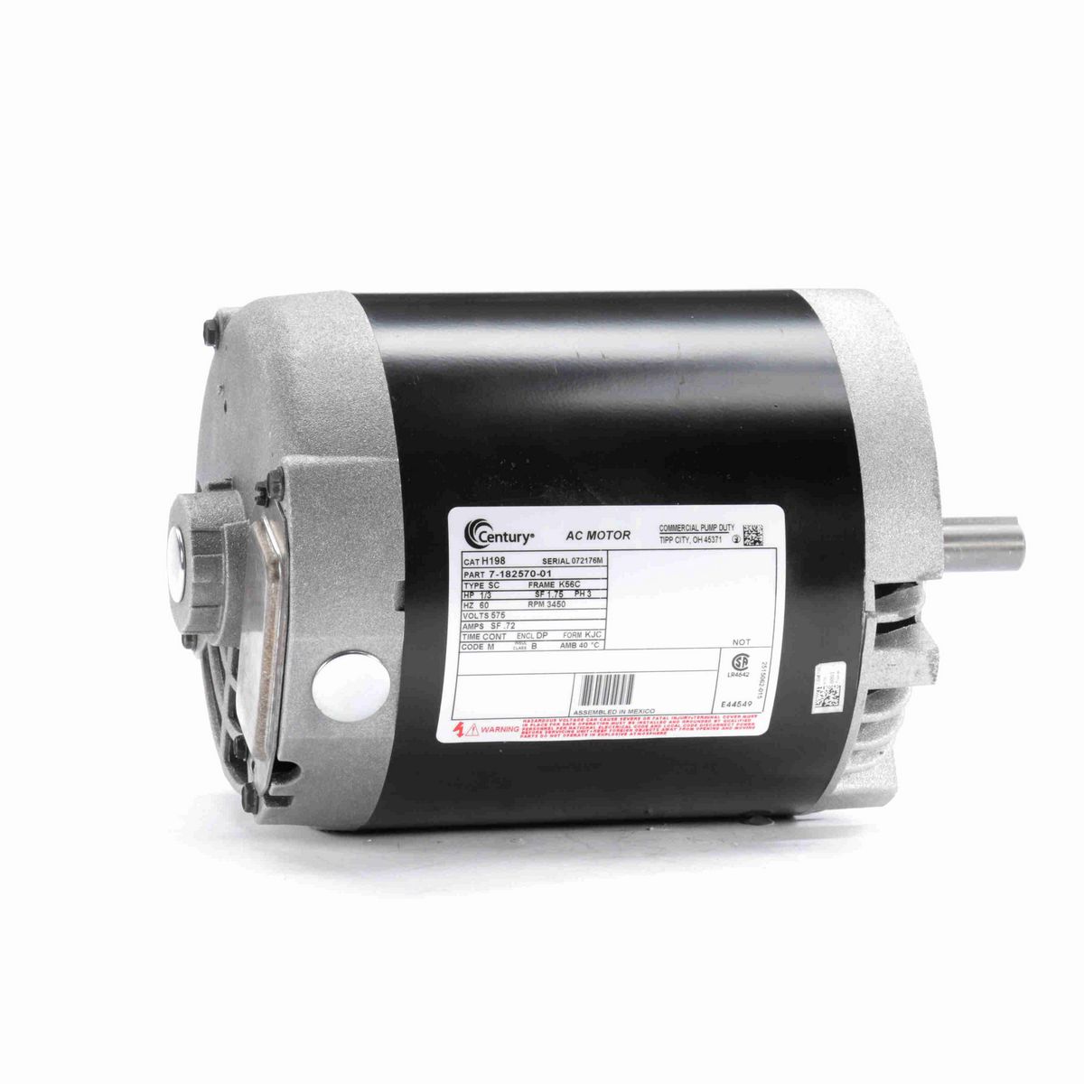 Century General Purpose Pump Motor, 1/3 HP, 3 Ph, 60 Hz, 575 V, 3600 RPM, K56C Frame, DP - H198