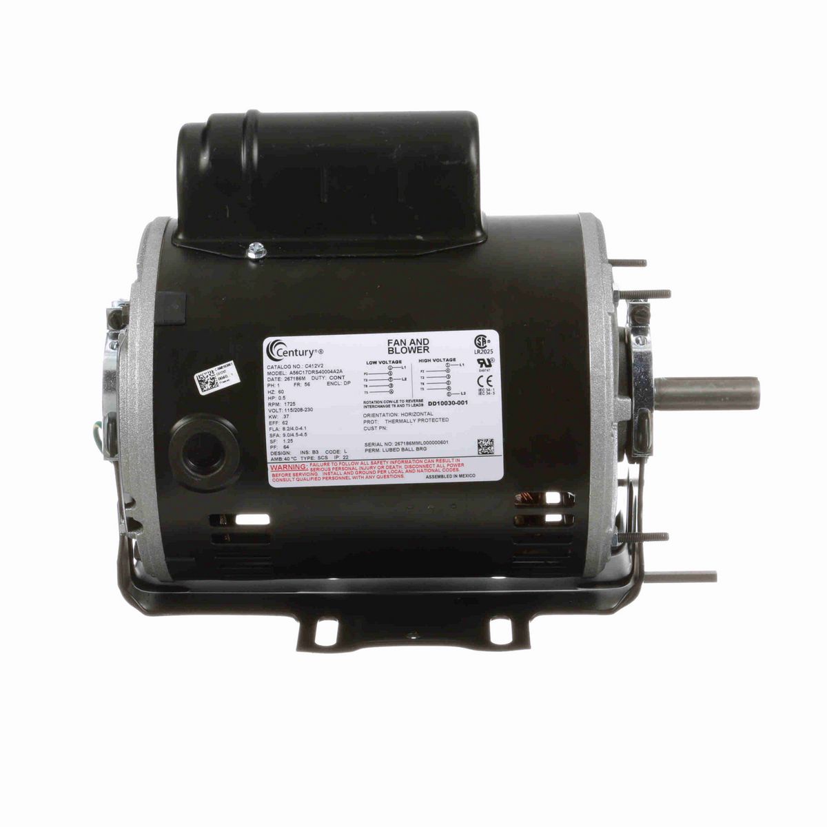 Century Fan and Blower Motor, 0.5 HP, 1 Ph, 60 Hz, 115/208-230 V, 1800 RPM, 56 Frame, DP - C412V2
