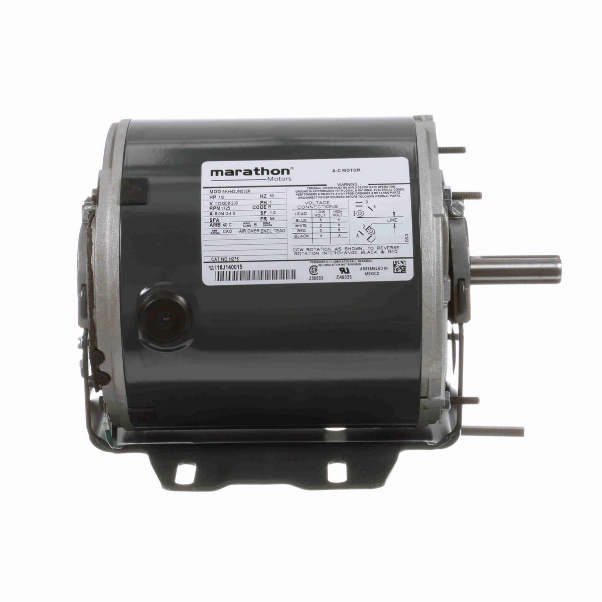 LEESON General Purpose Farm Duty Motor, 0.50 HP, 1 Ph, 60 Hz, 115/208-230 V, 1800 RPM, 56 Frame, TEAO - H276