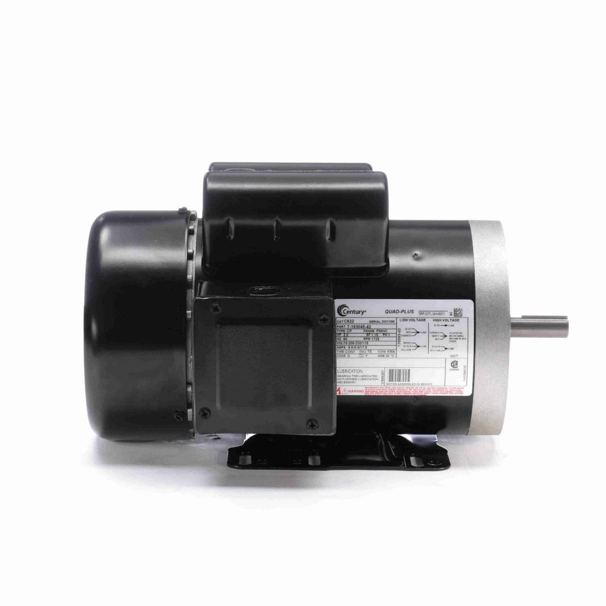 Century General Purpose Motor, 2.0 HP, 1 Ph, 60 Hz, 208-230/115 V, 1800 RPM, P56HC Frame, TEFC - C832