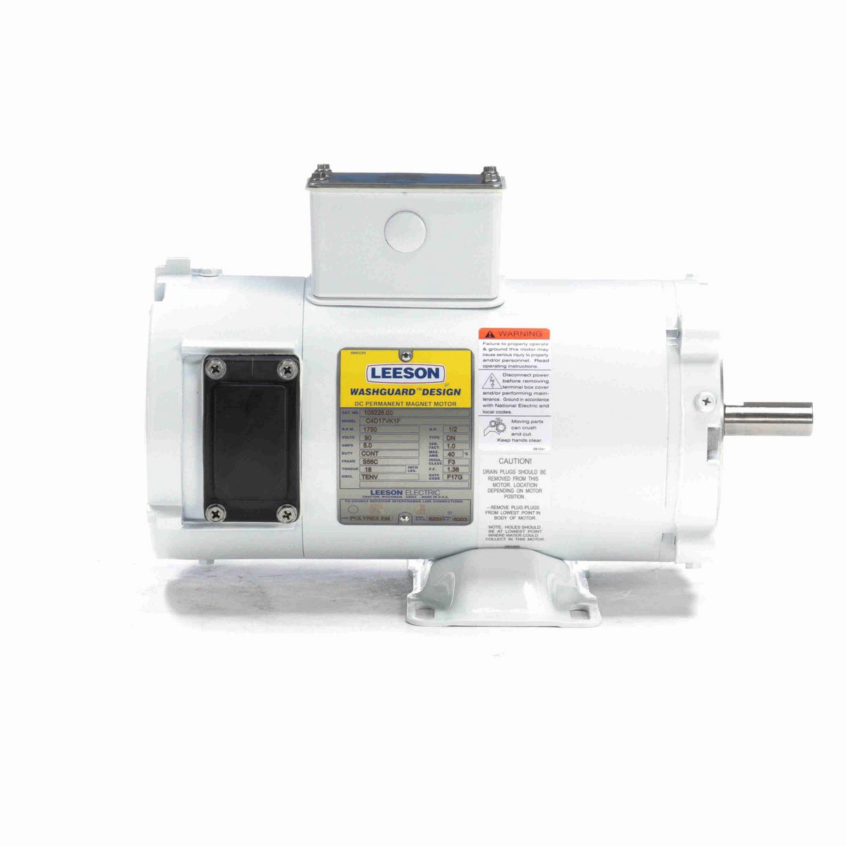 LEESON White Duck™ Washdown Motor, 0.50 HP, 90 V, 1750 RPM, S56C Frame, TENV - 108226.00