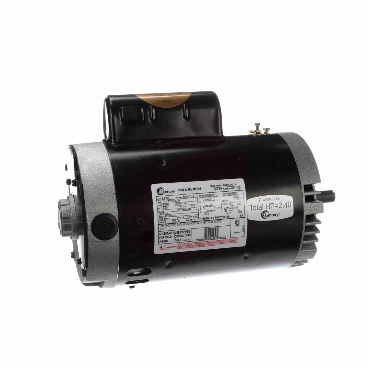 Century Pool Pump Motor, 2.0-.25 HP, 1 Ph, 60 Hz, 230 V, 3600 RPM, P56C Frame, DP - B978