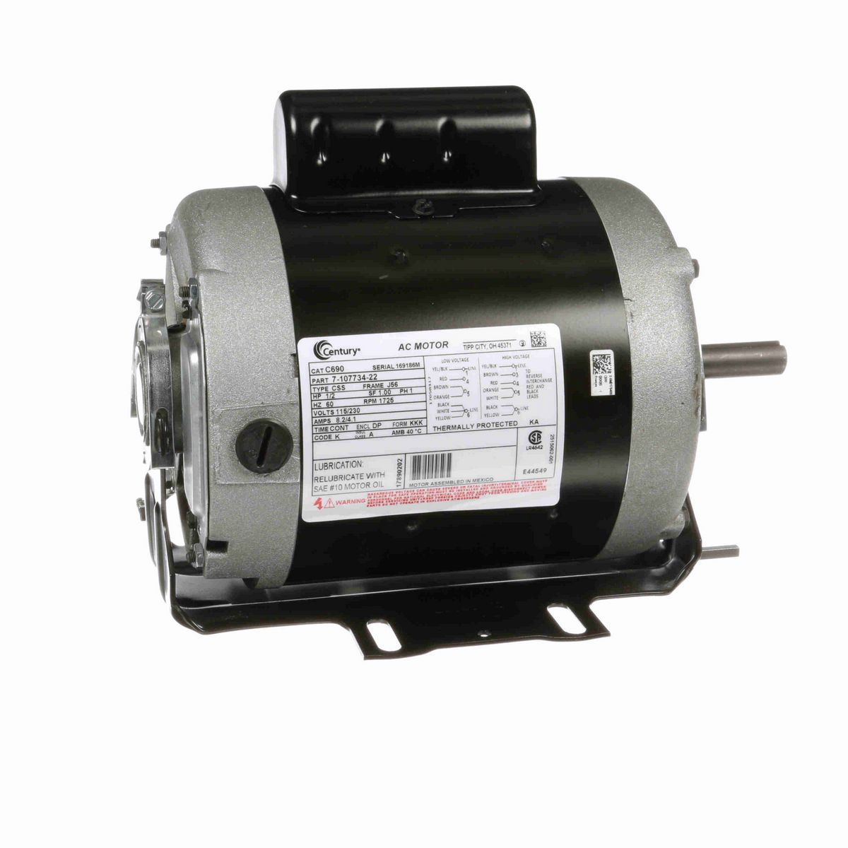 Century Fan and Blower Motor, 1/2 HP, 1 Ph, 60 Hz, 115/230 V, 1800 RPM, J56 Frame, DP - C690